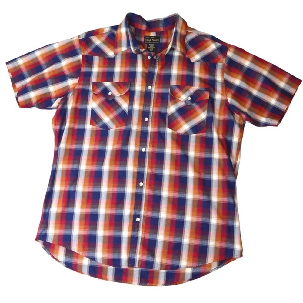 HIGH NOON Vintage Western Plaid Pearl Snap Short Sleeve Shirt, Size XL